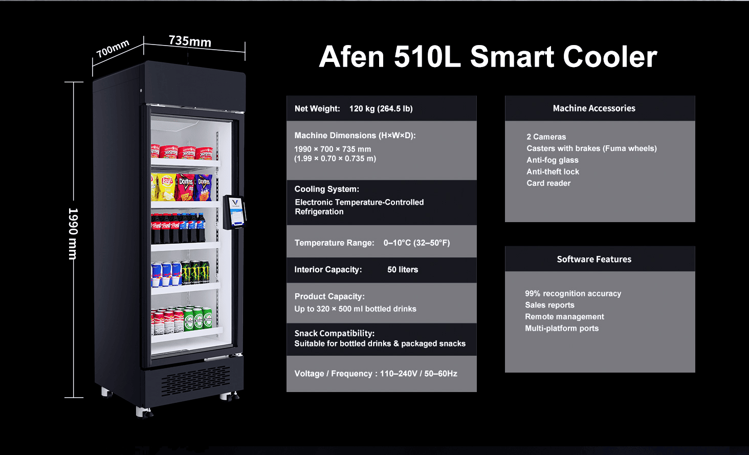 Meudan agus Comas Inneal Reic Fuarachaidh Smart AFEN AI 510L Comas stòraidh dùmhlachd àrd inneal reic AFEN AI a’ meudachadh ROI reic ann an lorg-coise teann